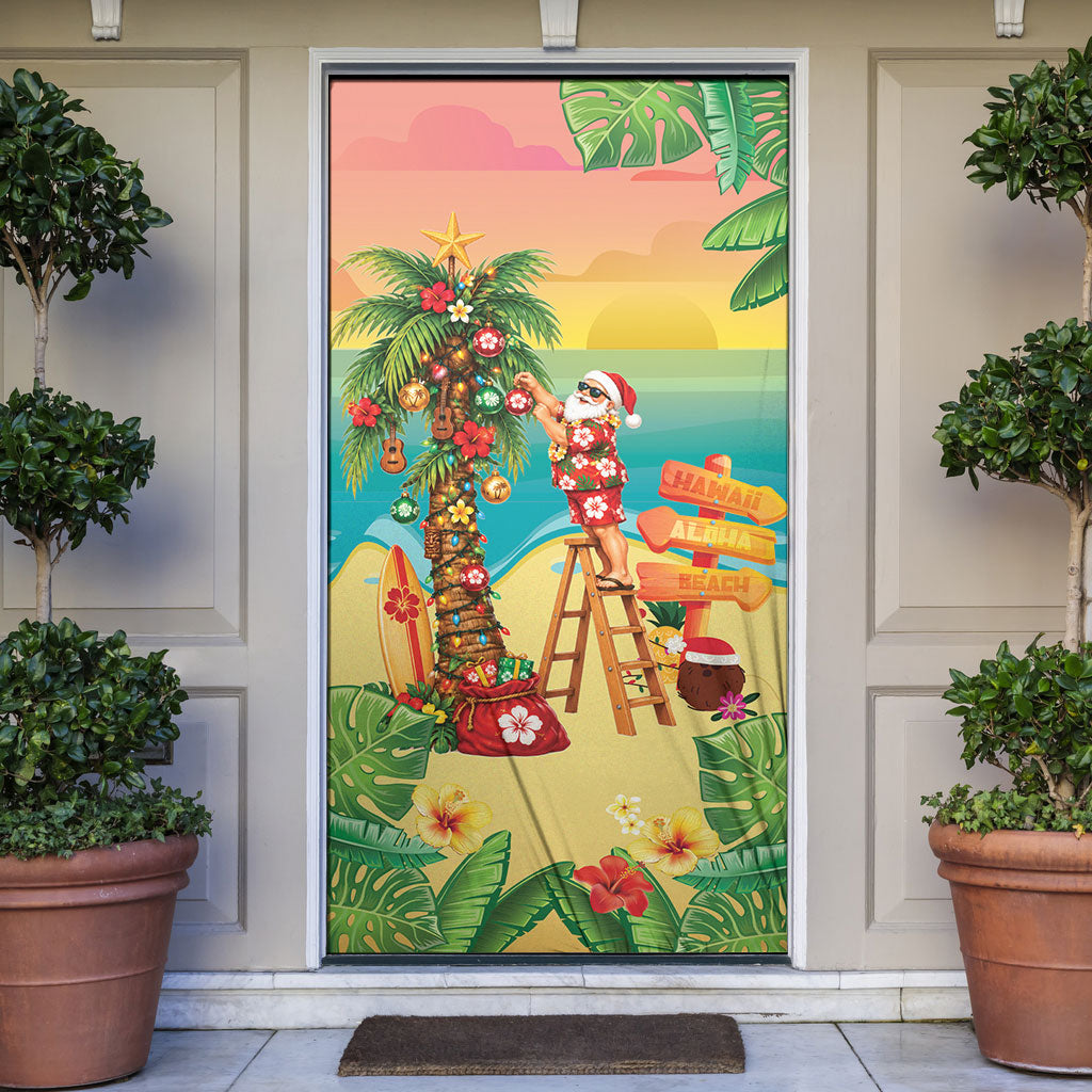 Hawaii Christmas Mele Kalikimaka Door Cover Santa Decorating Xmas Palm Tree Tropical Vibes LT14 Multicolor - Polynesian Pride