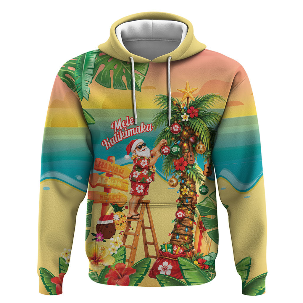 Hawaii Christmas Mele Kalikimaka Hoodie Santa Decorating Xmas Palm Tree Tropical Vibes LT14 Pullover Hoodie Multicolor - Polynesian Pride