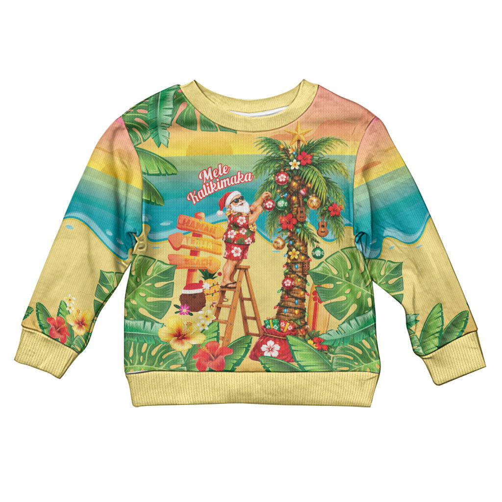 Hawaii Christmas Mele Kalikimaka Kid Ugly Christmas Sweater Santa Decorating Xmas Palm Tree Tropical Vibes LT14 Kid Multicolor - Polynesian Pride