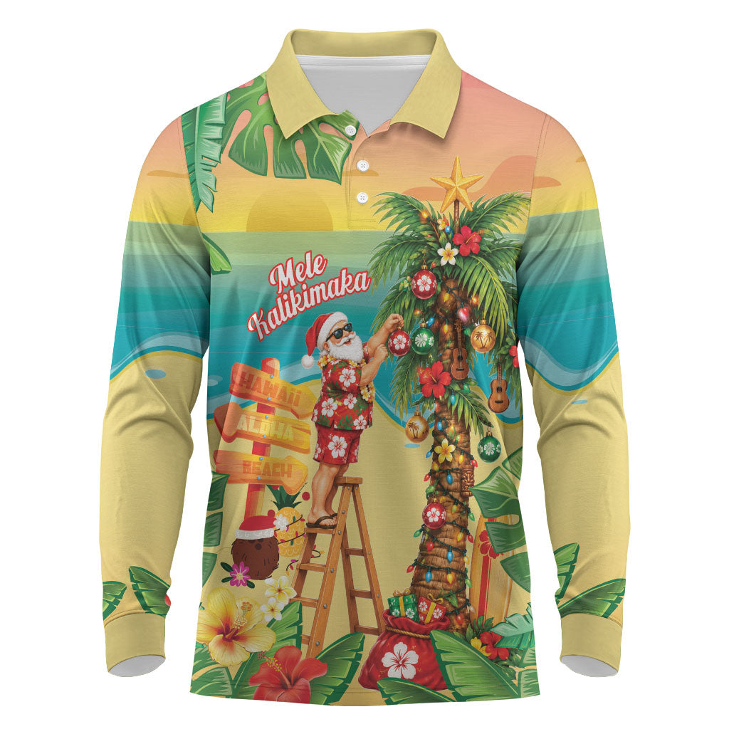 Hawaii Christmas Mele Kalikimaka Long Sleeve Polo Shirt Santa Decorating Xmas Palm Tree Tropical Vibes LT14 Multicolor - Polynesian Pride