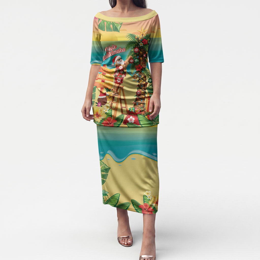 Hawaii Christmas Mele Kalikimaka Puletasi Santa Decorating Xmas Palm Tree Tropical Vibes LT14 Long Dress Multicolor - Polynesian Pride