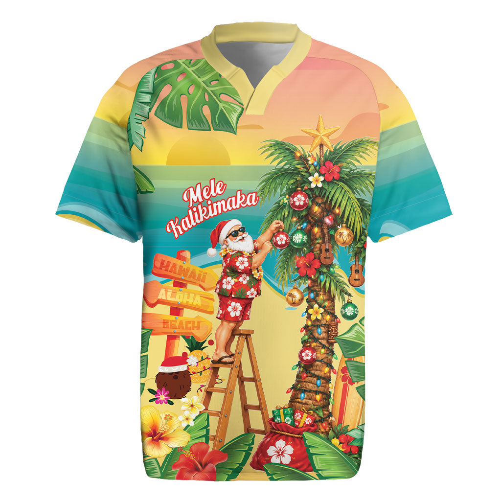Hawaii Christmas Mele Kalikimaka Rugby Jersey Santa Decorating Xmas Palm Tree Tropical Vibes LT14 Multicolor - Polynesian Pride