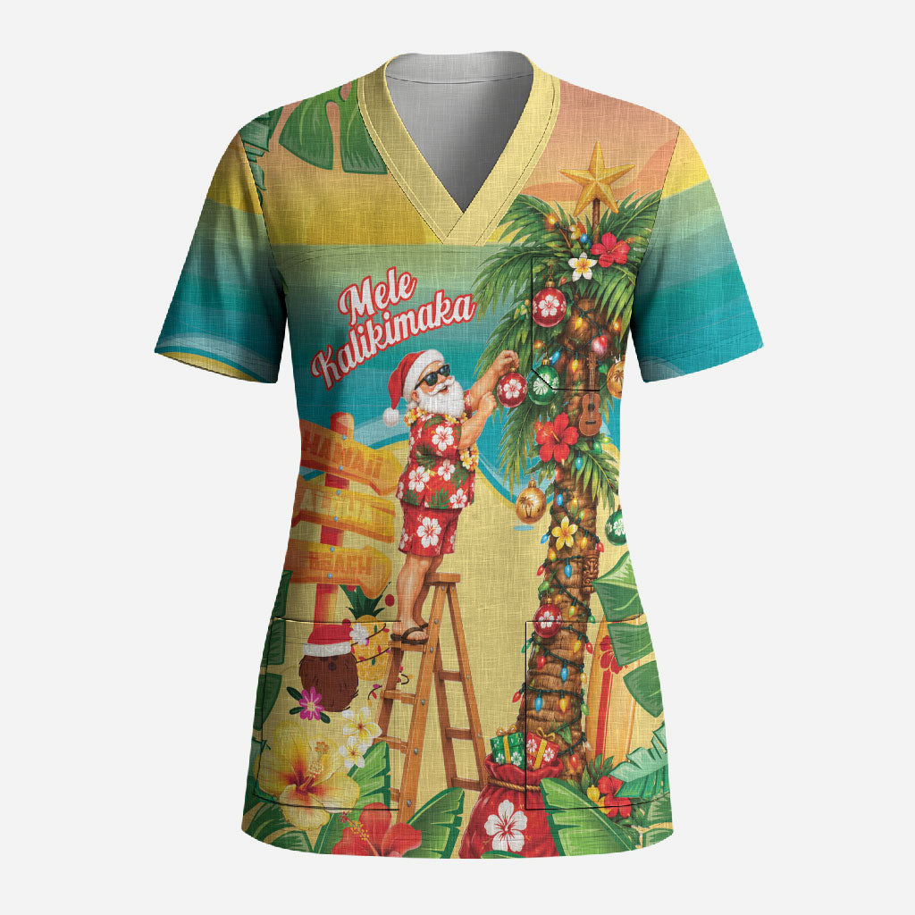 Hawaii Christmas Mele Kalikimaka Scrub Top Santa Decorating Xmas Palm Tree Tropical Vibes LT14 Adult Multicolor - Polynesian Pride