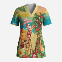 Hawaii Christmas Mele Kalikimaka Scrub Top Santa Decorating Xmas Palm Tree Tropical Vibes LT14 Adult Multicolor - Polynesian Pride