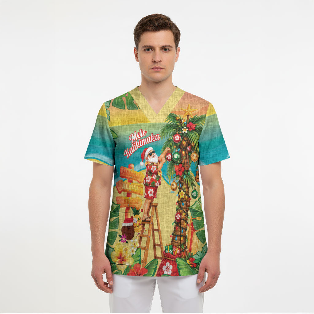 Hawaii Christmas Mele Kalikimaka Scrub Top Santa Decorating Xmas Palm Tree Tropical Vibes LT14 - Polynesian Pride