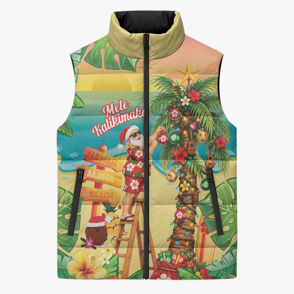 Hawaii Christmas Mele Kalikimaka Sleeveless Puffer Jacket Santa Decorating Xmas Palm Tree Tropical Vibes LT14 Unisex Multicolor - Polynesian Pride