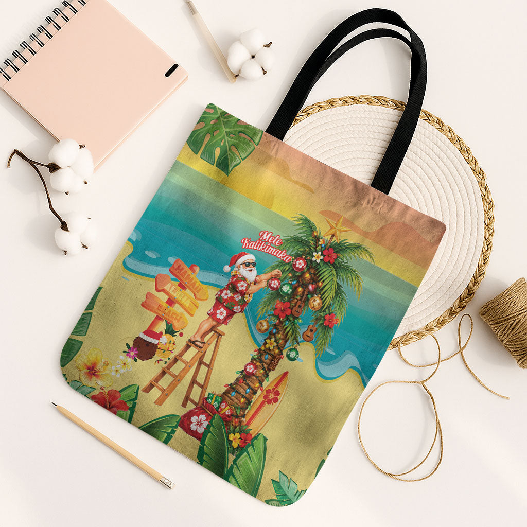 Hawaii Christmas Mele Kalikimaka Tote Bag Santa Decorating Xmas Palm Tree Tropical Vibes LT14 Black Strap One Size Multicolor - Polynesian Pride
