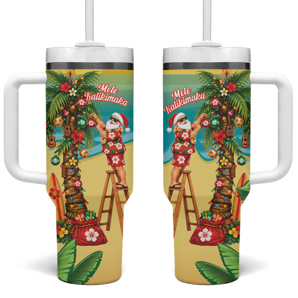 Hawaii Christmas Mele Kalikimaka Tumbler With Handle Santa Decorating Xmas Palm Tree Tropical Vibes LT14 One Size: 40 oz Multicolor - Polynesian Pride