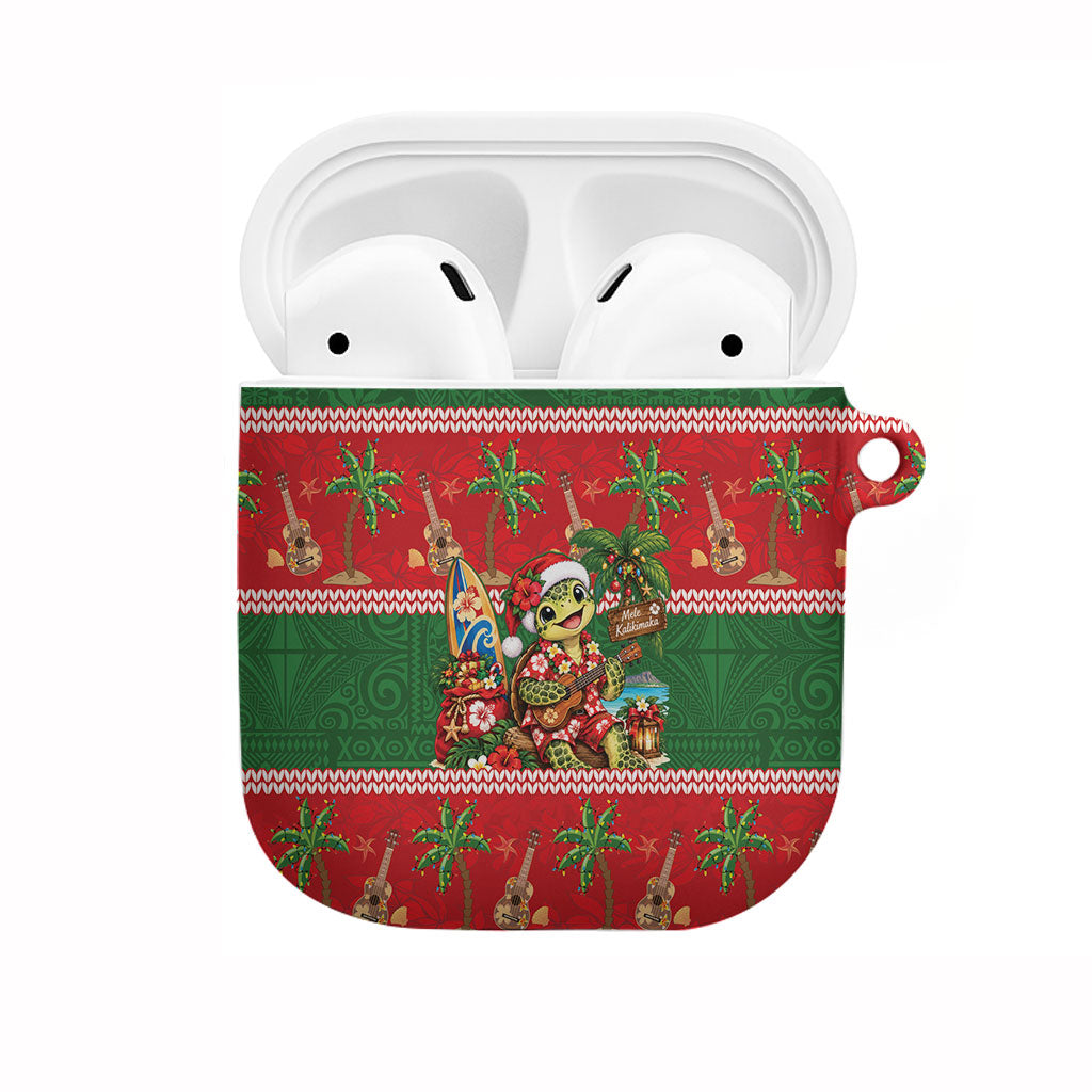 Hawaii Christmas Mele Kalikimaka AirPods Case Aloha Turtle Santa With Ukulele LT14 Red - Polynesian Pride