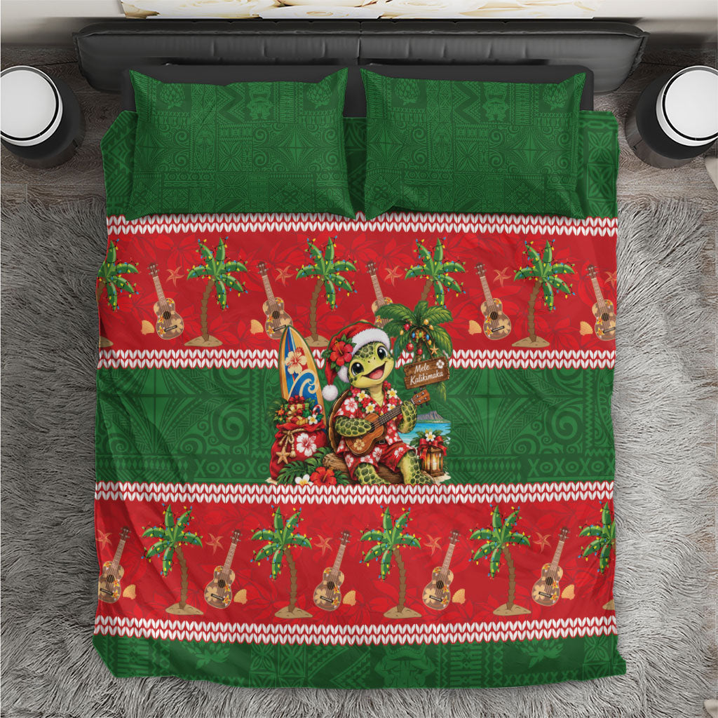 Hawaii Christmas Mele Kalikimaka Bedding Set Aloha Turtle Santa With Ukulele LT14 Red - Polynesian Pride
