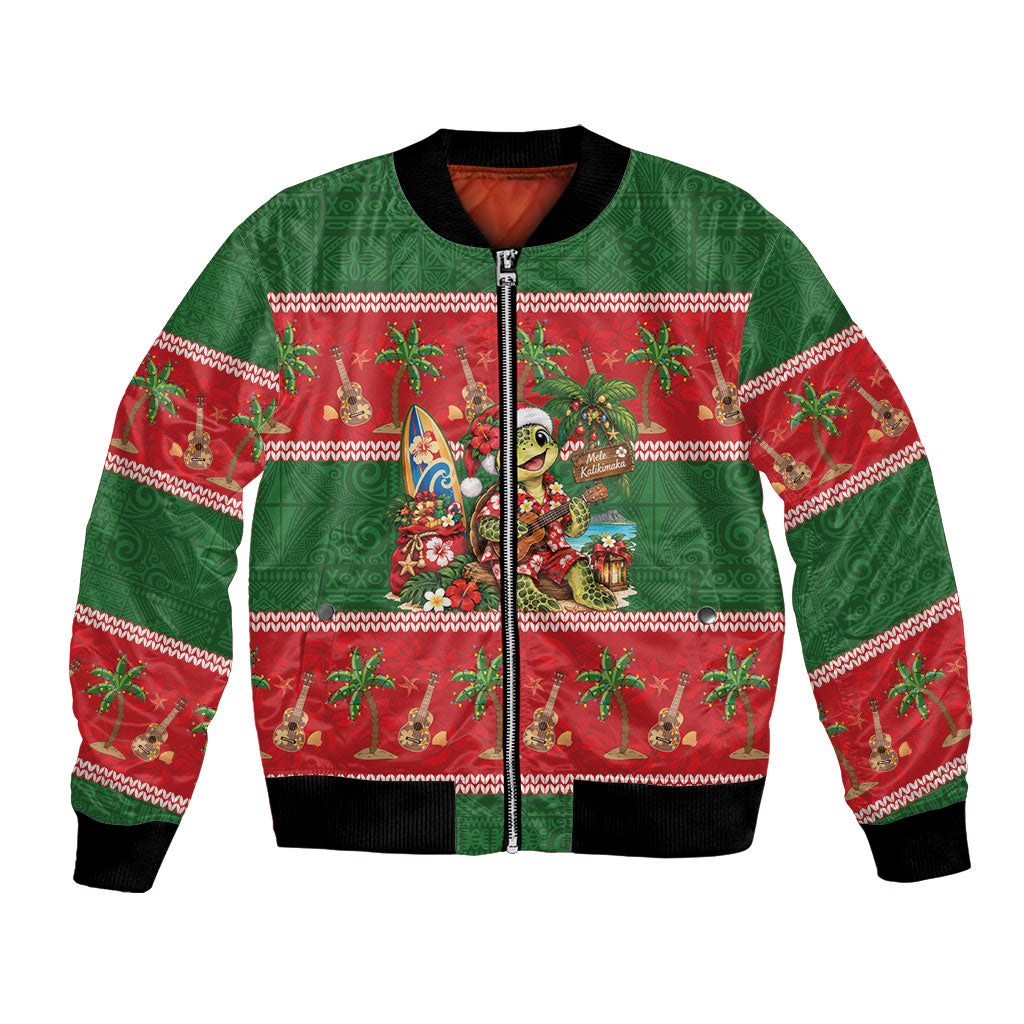 Hawaii Christmas Mele Kalikimaka Bomber Jacket Aloha Turtle Santa With Ukulele LT14 Unisex Red - Polynesian Pride