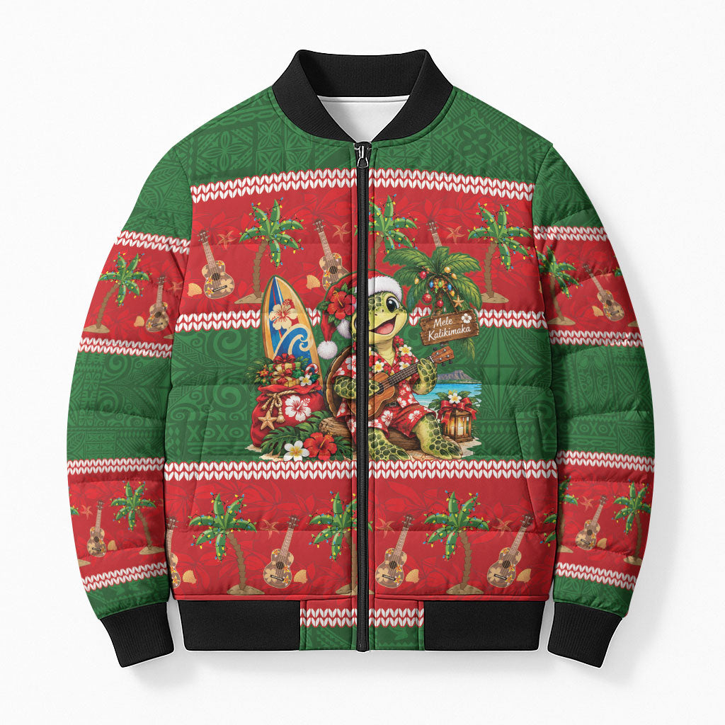 Hawaii Christmas Mele Kalikimaka Bomber Puffer Jacket Aloha Turtle Santa With Ukulele LT14 Unisex Red - Polynesian Pride