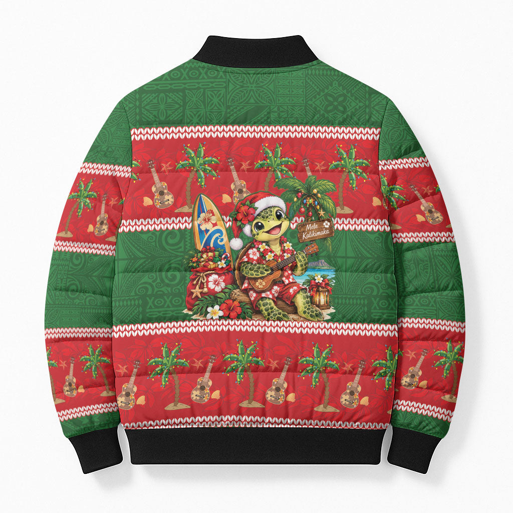 Hawaii Christmas Mele Kalikimaka Bomber Puffer Jacket Aloha Turtle Santa With Ukulele LT14 - Polynesian Pride