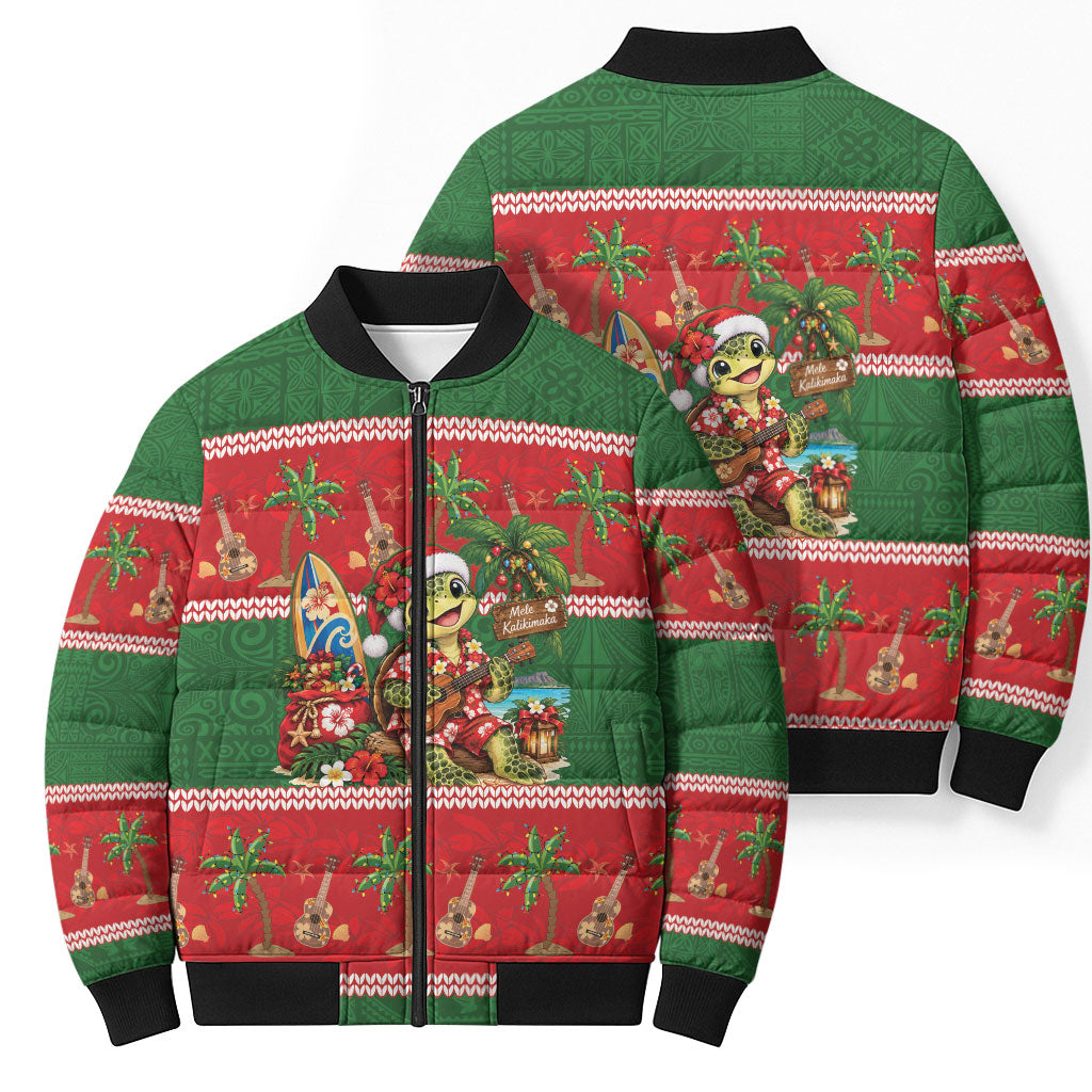 Hawaii Christmas Mele Kalikimaka Bomber Puffer Jacket Aloha Turtle Santa With Ukulele LT14 - Polynesian Pride