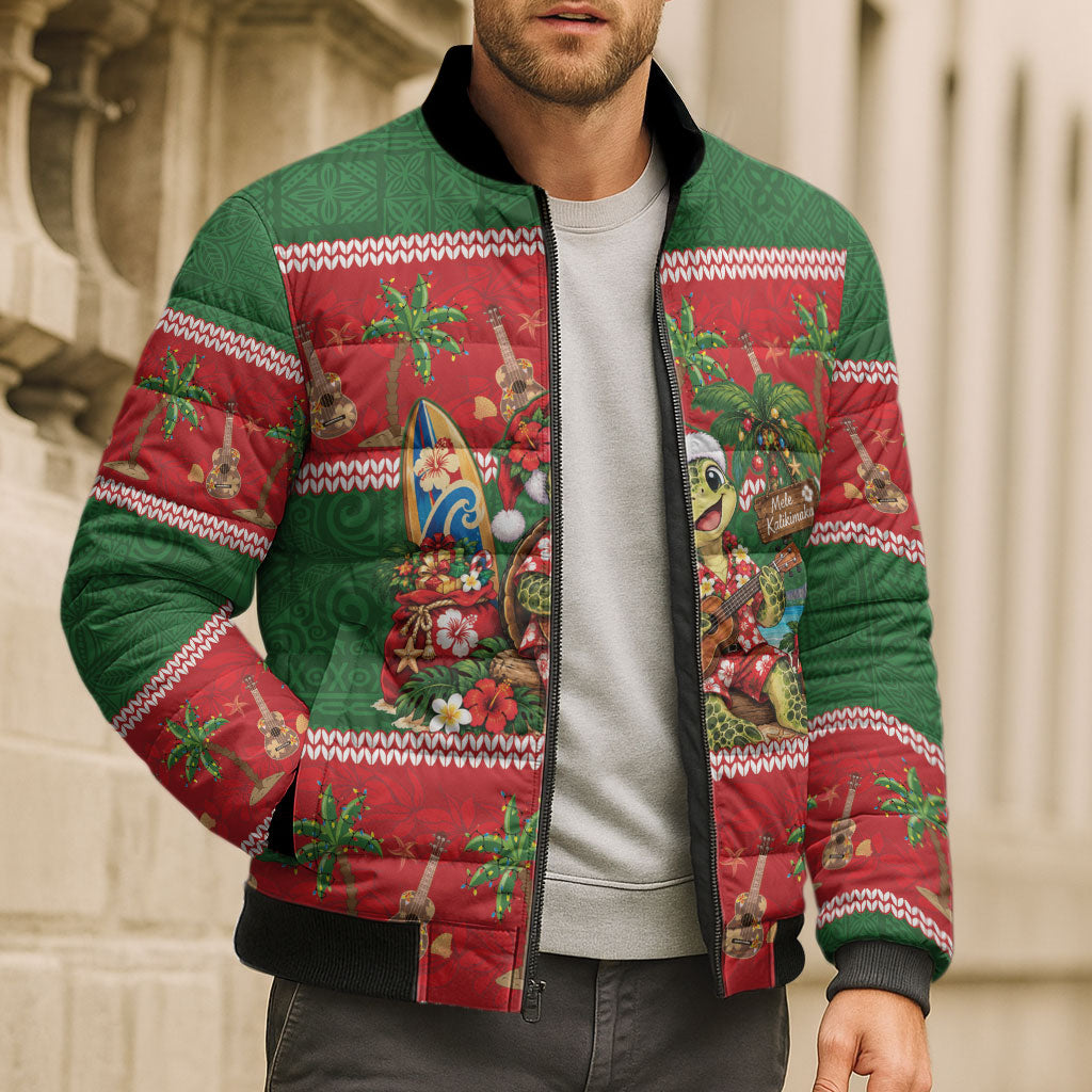 Hawaii Christmas Mele Kalikimaka Bomber Puffer Jacket Aloha Turtle Santa With Ukulele LT14 - Polynesian Pride