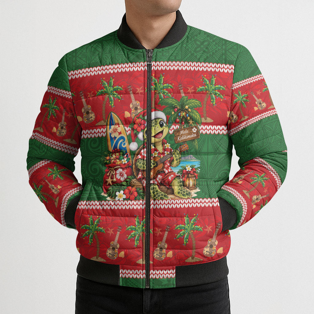 Hawaii Christmas Mele Kalikimaka Bomber Puffer Jacket Aloha Turtle Santa With Ukulele LT14 - Polynesian Pride