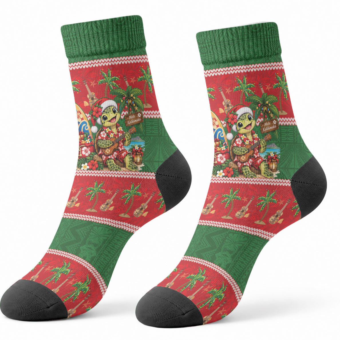 Hawaii Christmas Mele Kalikimaka Crew Socks Aloha Turtle Santa With Ukulele LT14 - Polynesian Pride