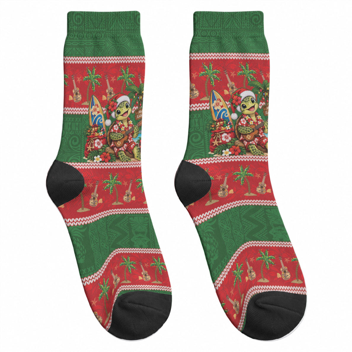 Hawaii Christmas Mele Kalikimaka Crew Socks Aloha Turtle Santa With Ukulele LT14 - Polynesian Pride