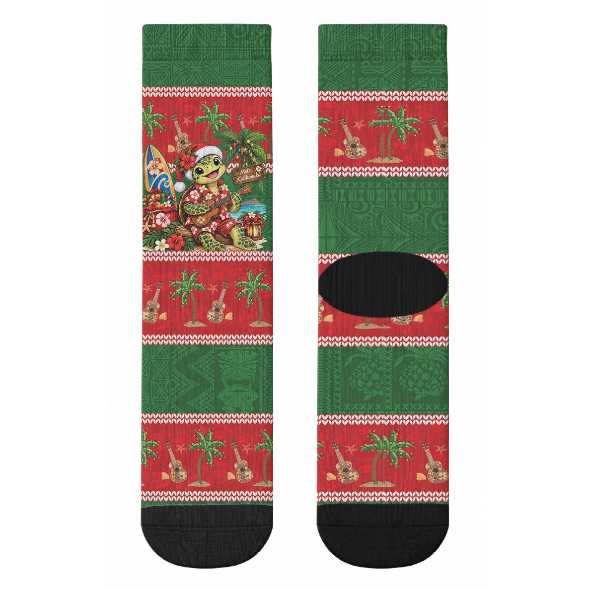 Hawaii Christmas Mele Kalikimaka Crew Socks Aloha Turtle Santa With Ukulele LT14 - Polynesian Pride