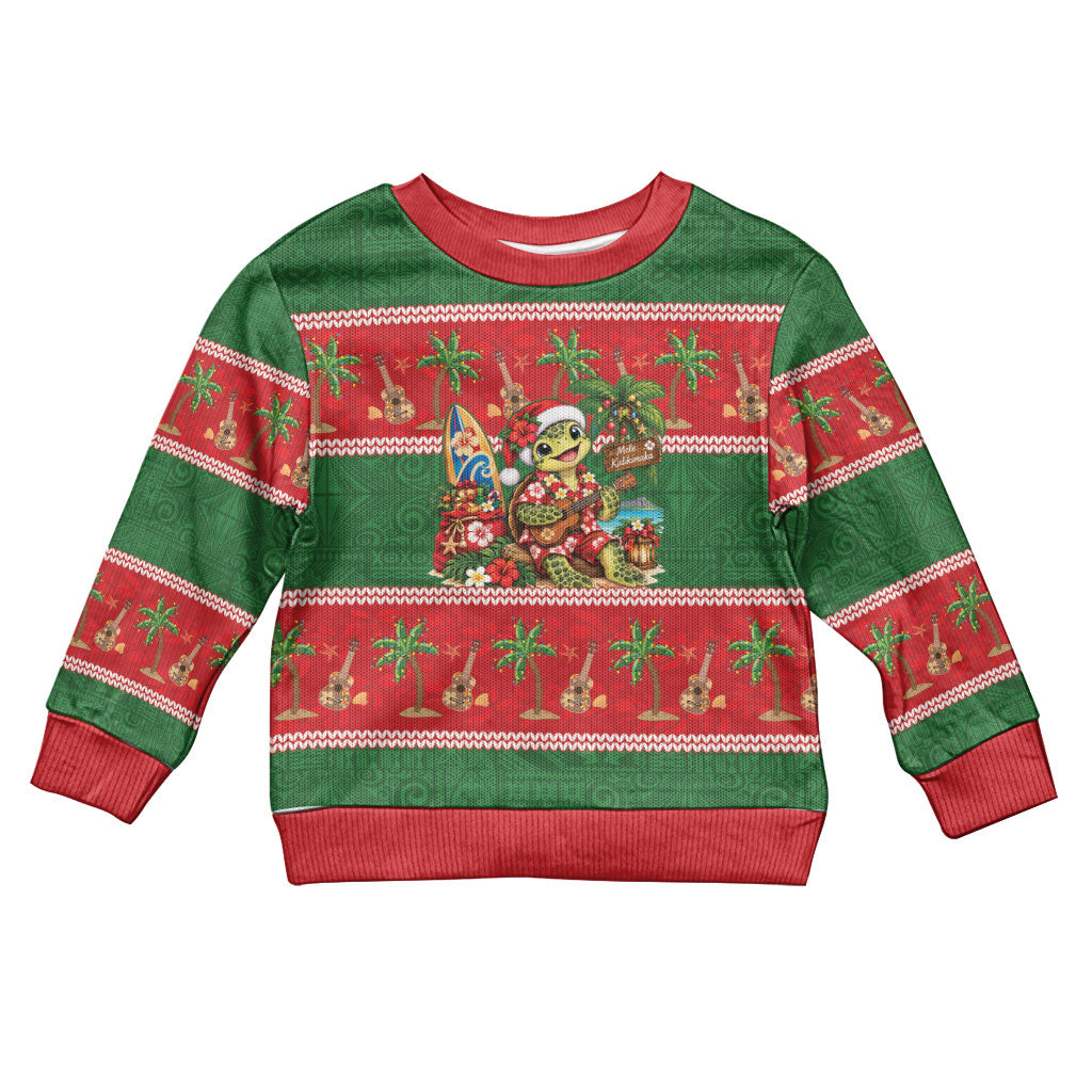 Hawaii Christmas Mele Kalikimaka Kid Ugly Christmas Sweater Aloha Turtle Santa With Ukulele LT14 Kid Red - Polynesian Pride