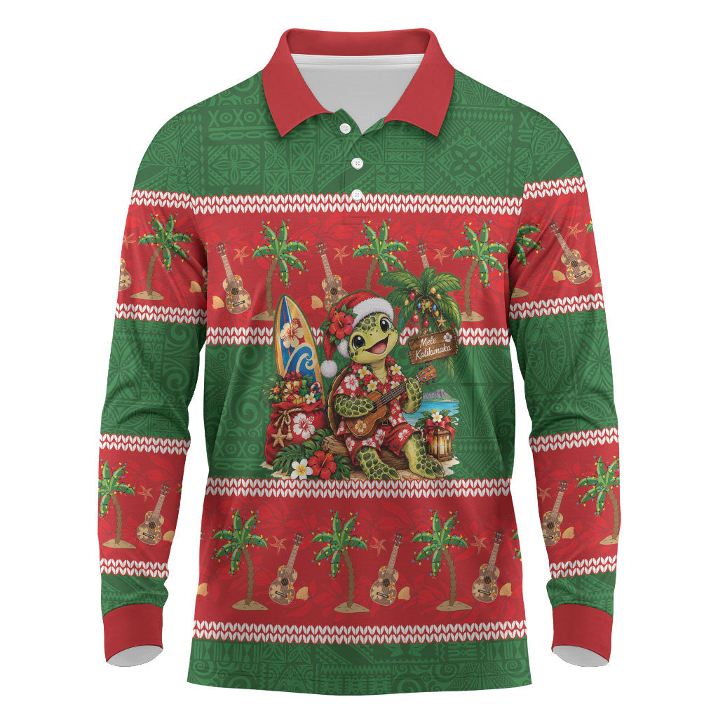 Hawaii Christmas Mele Kalikimaka Long Sleeve Polo Shirt Aloha Turtle Santa With Ukulele LT14 Red - Polynesian Pride
