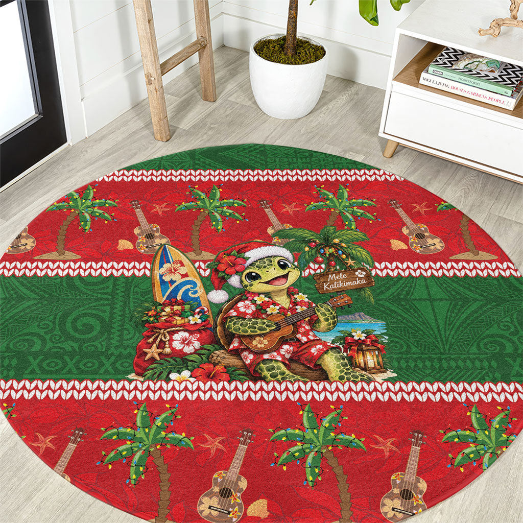 Hawaii Christmas Mele Kalikimaka Round Carpet Aloha Turtle Santa With Ukulele LT14 Red - Polynesian Pride