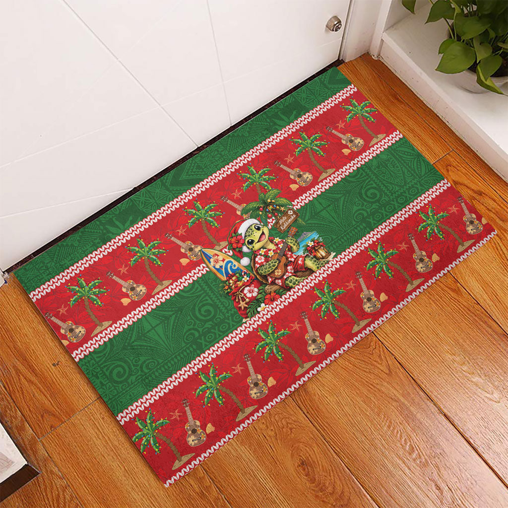 Hawaii Christmas Mele Kalikimaka Rubber Doormat Aloha Turtle Santa With Ukulele LT14 - Polynesian Pride