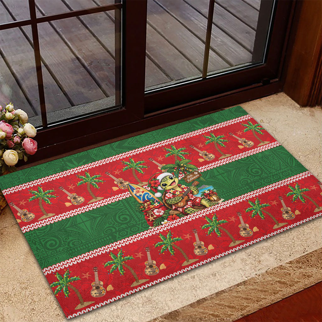 Hawaii Christmas Mele Kalikimaka Rubber Doormat Aloha Turtle Santa With Ukulele LT14 - Polynesian Pride