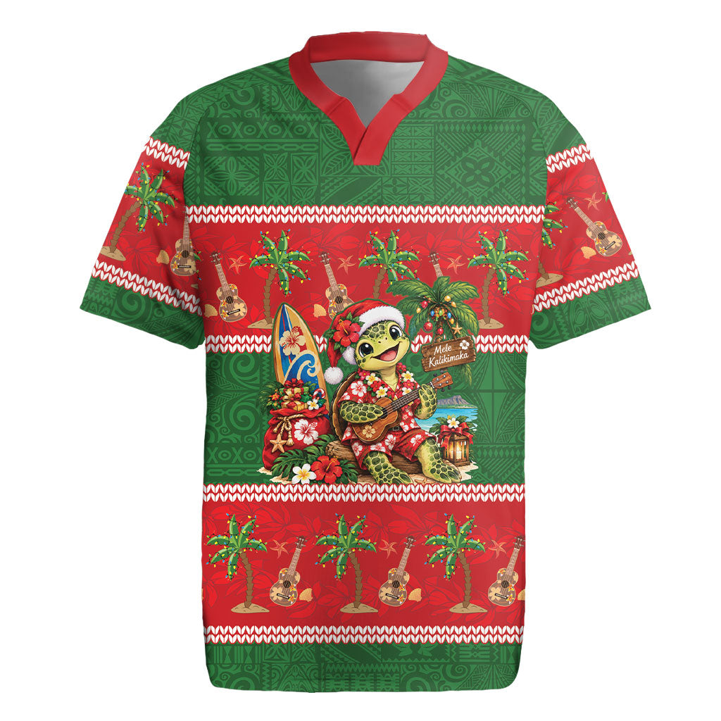 Hawaii Christmas Mele Kalikimaka Rugby Jersey Aloha Turtle Santa With Ukulele LT14 Red - Polynesian Pride