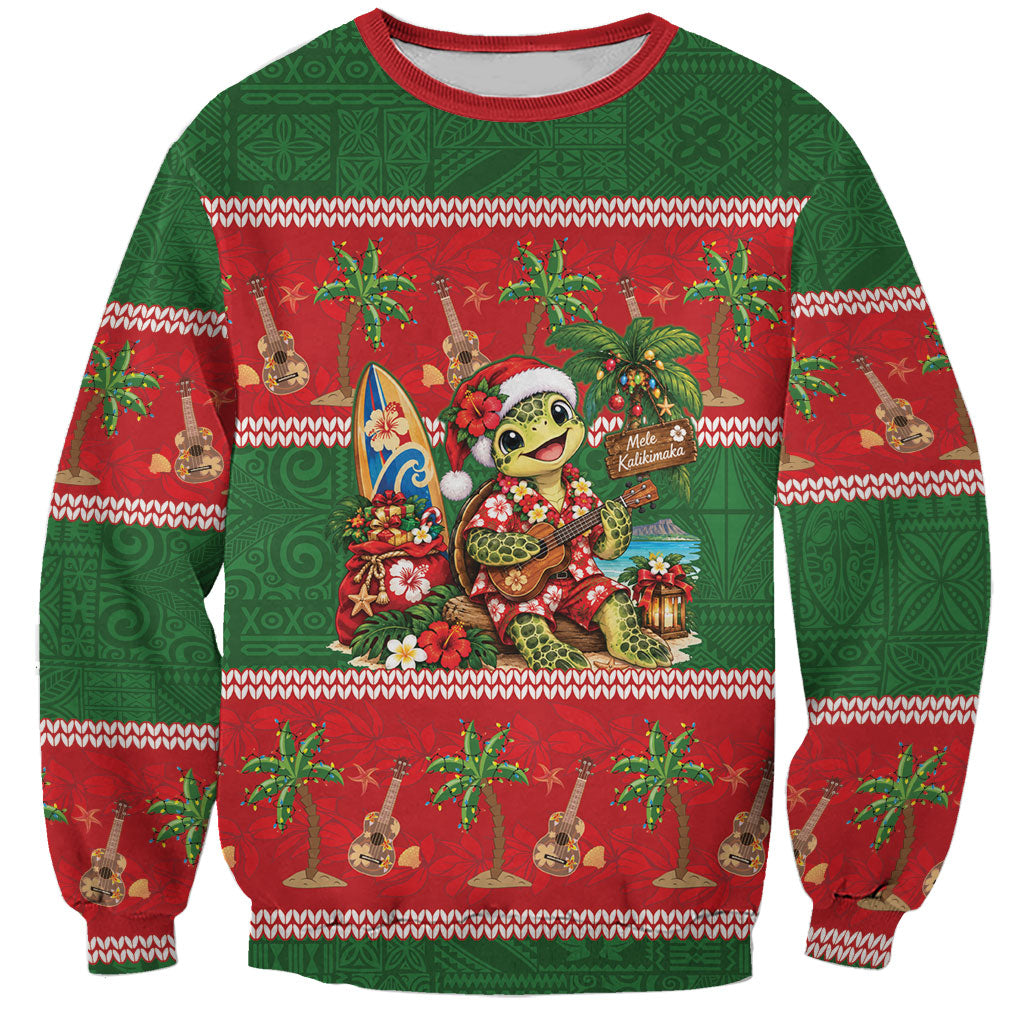 Hawaii Christmas Mele Kalikimaka Sweatshirt Aloha Turtle Santa With Ukulele LT14 Unisex Red - Polynesian Pride