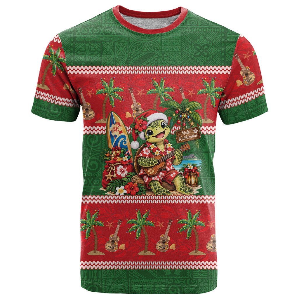 Hawaii Christmas Mele Kalikimaka T Shirt Aloha Turtle Santa With Ukulele LT14 Red - Polynesian Pride