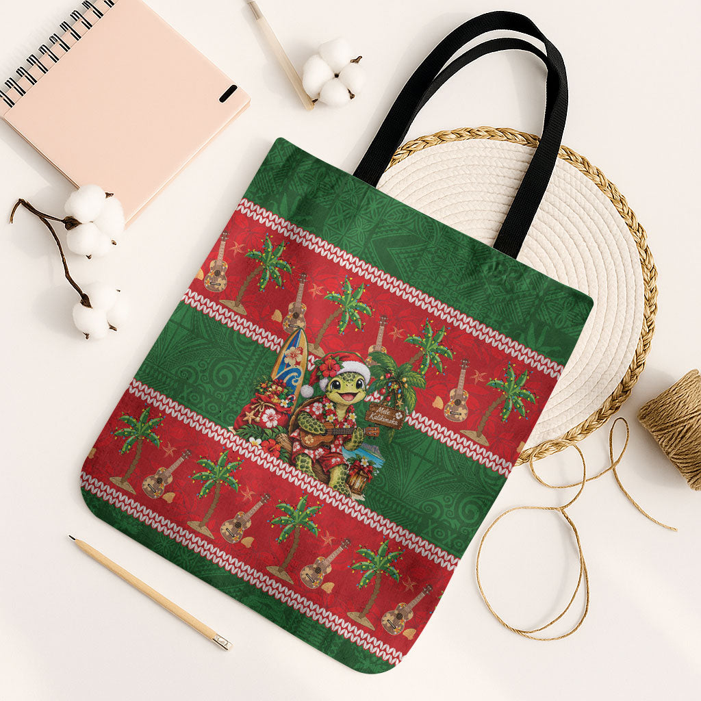 Hawaii Christmas Mele Kalikimaka Tote Bag Aloha Turtle Santa With Ukulele LT14 Black Strap One Size Red - Polynesian Pride