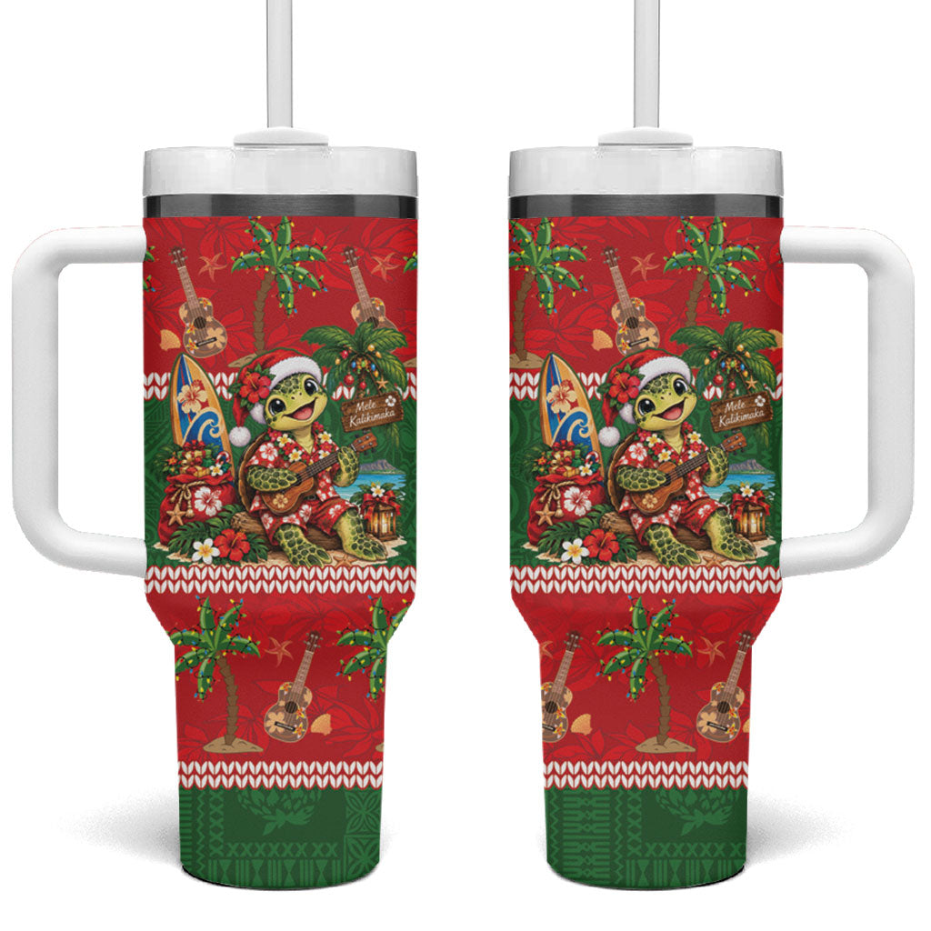 Hawaii Christmas Mele Kalikimaka Tumbler With Handle Aloha Turtle Santa With Ukulele LT14 One Size: 40 oz Red - Polynesian Pride