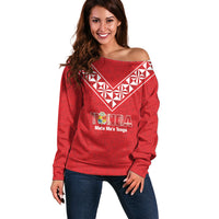 Mate Maa Tonga Rugby Custom Off Shoulder Sweater 2026 Tongan Ngatu Pattern Red LT14 Women Red - Polynesian Pride