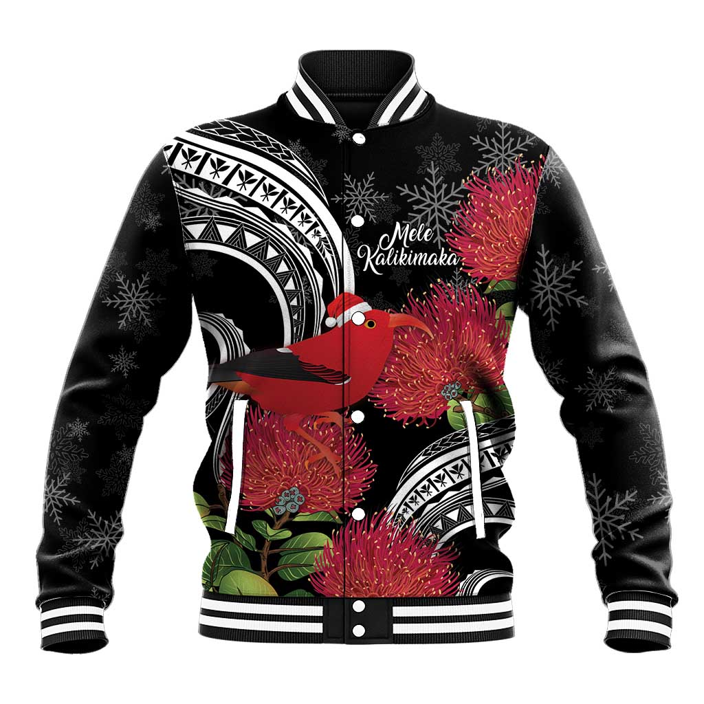 Personalized Mele Kalikimaka Hawaii Baseball Jacket I'iwi Bird With Ohia Lehua - Black Color