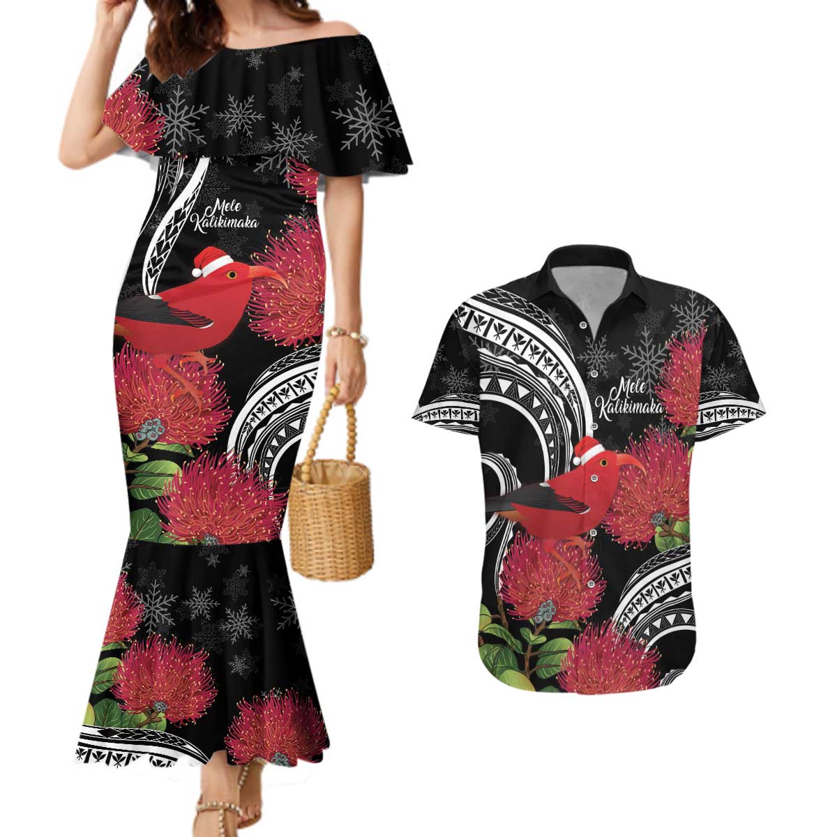 Personalized Mele Kalikimaka Hawaii Couples Matching Mermaid Dress and Hawaiian Shirt I'iwi Bird With Ohia Lehua - Black Color LT14 Black - Polynesian Pride
