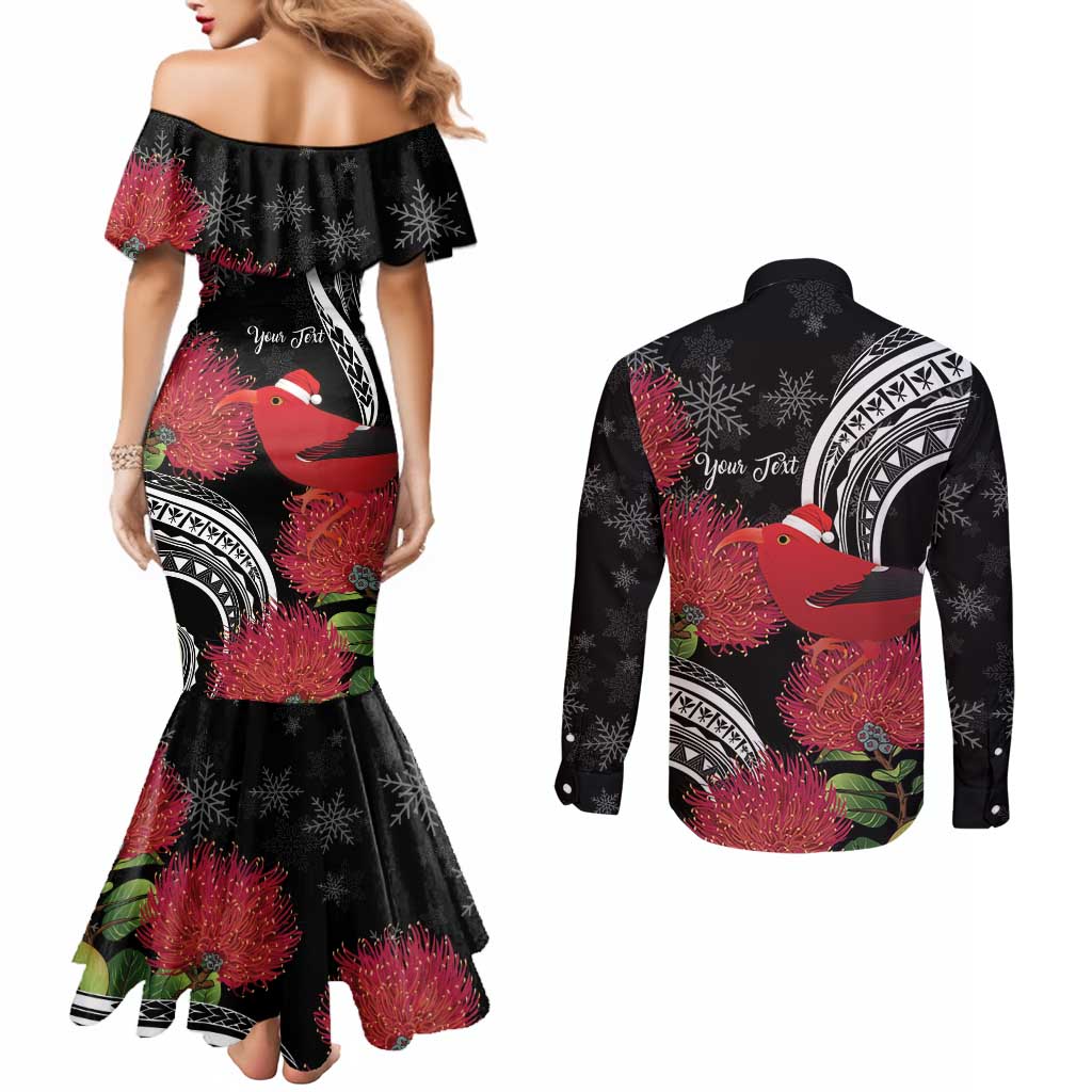 Personalized Mele Kalikimaka Hawaii Couples Matching Mermaid Dress and Long Sleeve Button Shirt I'iwi Bird With Ohia Lehua - Black Color LT14 - Polynesian Pride