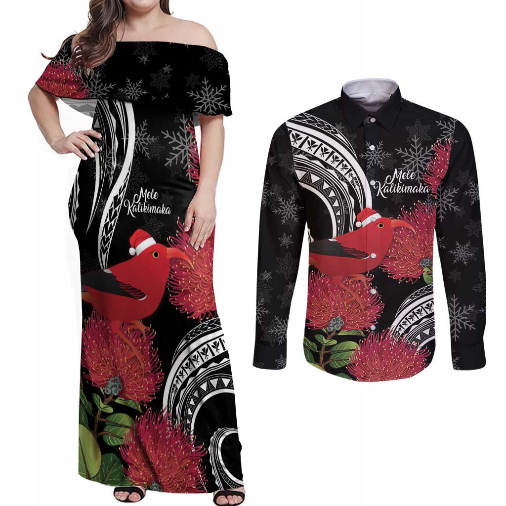 Personalized Mele Kalikimaka Hawaii Couples Matching Off Shoulder Maxi Dress and Long Sleeve Button Shirt I'iwi Bird With Ohia Lehua - Black Color LT14 Black - Polynesian Pride