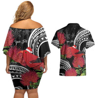 Personalized Mele Kalikimaka Hawaii Couples Matching Off Shoulder Short Dress and Hawaiian Shirt I'iwi Bird With Ohia Lehua - Black Color LT14 - Polynesian Pride