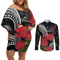 Personalized Mele Kalikimaka Hawaii Couples Matching Off Shoulder Short Dress and Long Sleeve Button Shirt I'iwi Bird With Ohia Lehua - Black Color LT14 Black - Polynesian Pride
