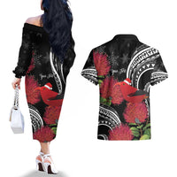 Personalized Mele Kalikimaka Hawaii Couples Matching Off The Shoulder Long Sleeve Dress and Hawaiian Shirt I'iwi Bird With Ohia Lehua - Black Color LT14 - Polynesian Pride