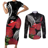 Personalized Mele Kalikimaka Hawaii Couples Matching Short Sleeve Bodycon Dress and Long Sleeve Button Shirt I'iwi Bird With Ohia Lehua - Black Color LT14 Black - Polynesian Pride