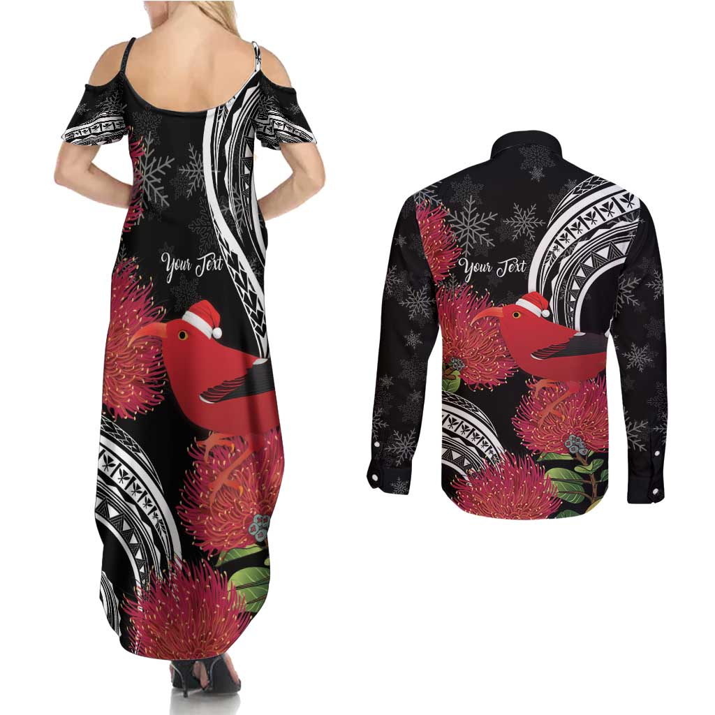 Personalized Mele Kalikimaka Hawaii Couples Matching Summer Maxi Dress and Long Sleeve Button Shirt I'iwi Bird With Ohia Lehua - Black Color LT14 - Polynesian Pride