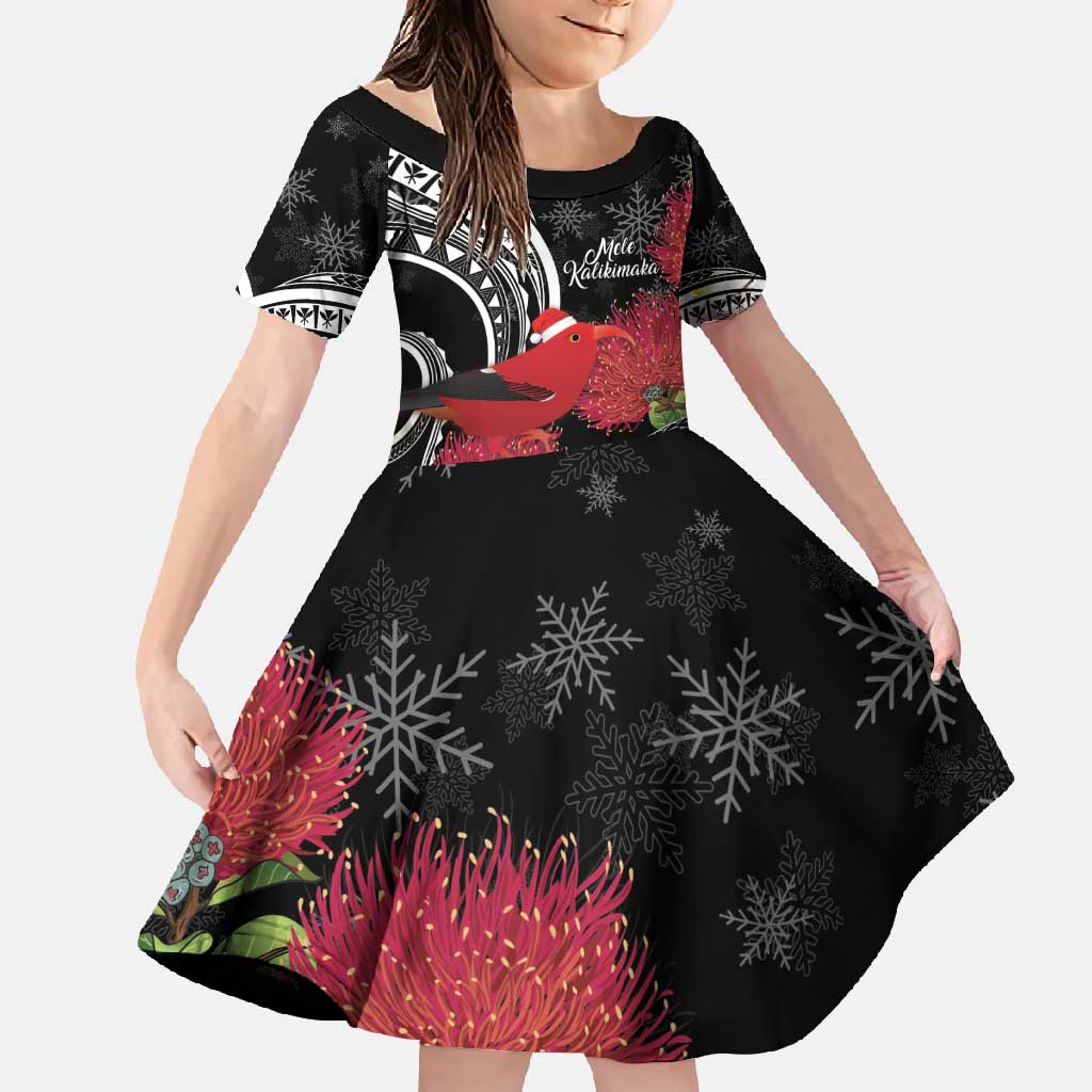 Personalized Mele Kalikimaka Hawaii Family Matching Long Sleeve Bodycon Dress and Hawaiian Shirt I'iwi Bird With Ohia Lehua - Black Color LT14 Daughter's Dress Black - Polynesian Pride
