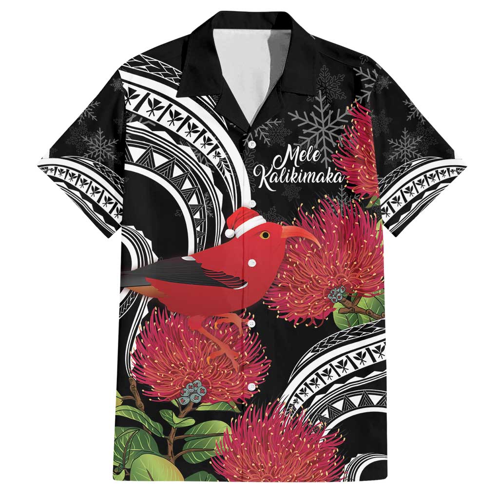 Personalized Mele Kalikimaka Hawaii Family Matching Long Sleeve Bodycon Dress and Hawaiian Shirt I'iwi Bird With Ohia Lehua - Black Color LT14 Dad's Shirt - Short Sleeve Black - Polynesian Pride