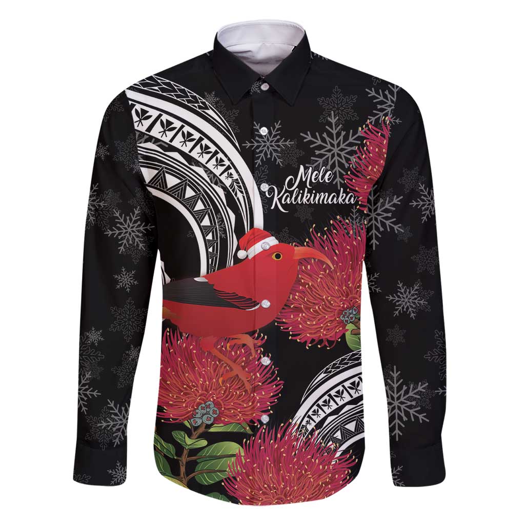 Personalized Mele Kalikimaka Hawaii Family Matching Long Sleeve Bodycon Dress and Hawaiian Shirt I'iwi Bird With Ohia Lehua - Black Color LT14 Dad's Shirt - Long Sleeve Black - Polynesian Pride
