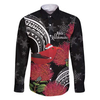 Personalized Mele Kalikimaka Hawaii Family Matching Long Sleeve Bodycon Dress and Hawaiian Shirt I'iwi Bird With Ohia Lehua - Black Color LT14 Dad's Shirt - Long Sleeve Black - Polynesian Pride