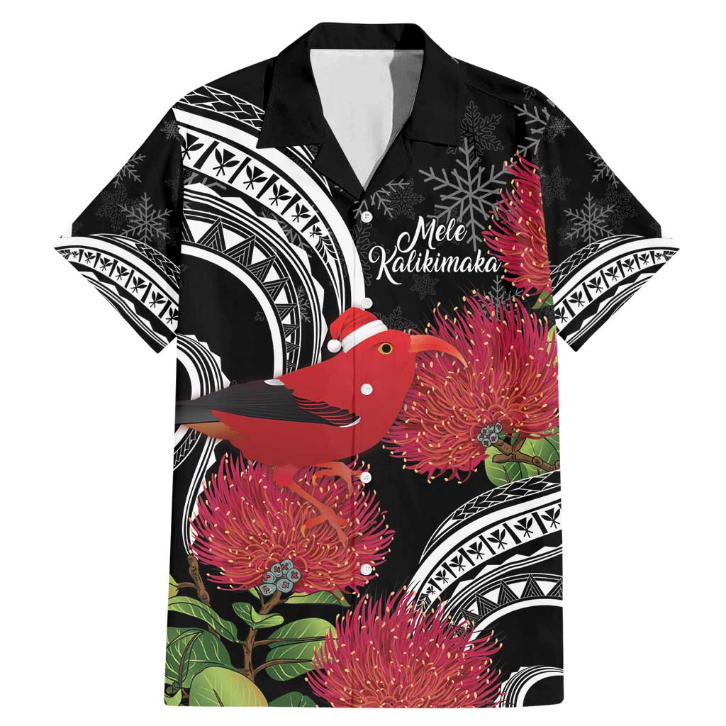 Personalized Mele Kalikimaka Hawaii Family Matching Mermaid Dress and Hawaiian Shirt I'iwi Bird With Ohia Lehua - Black Color