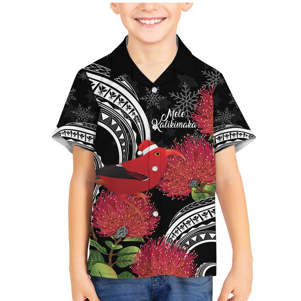 Personalized Mele Kalikimaka Hawaii Family Matching Mermaid Dress and Hawaiian Shirt I'iwi Bird With Ohia Lehua - Black Color