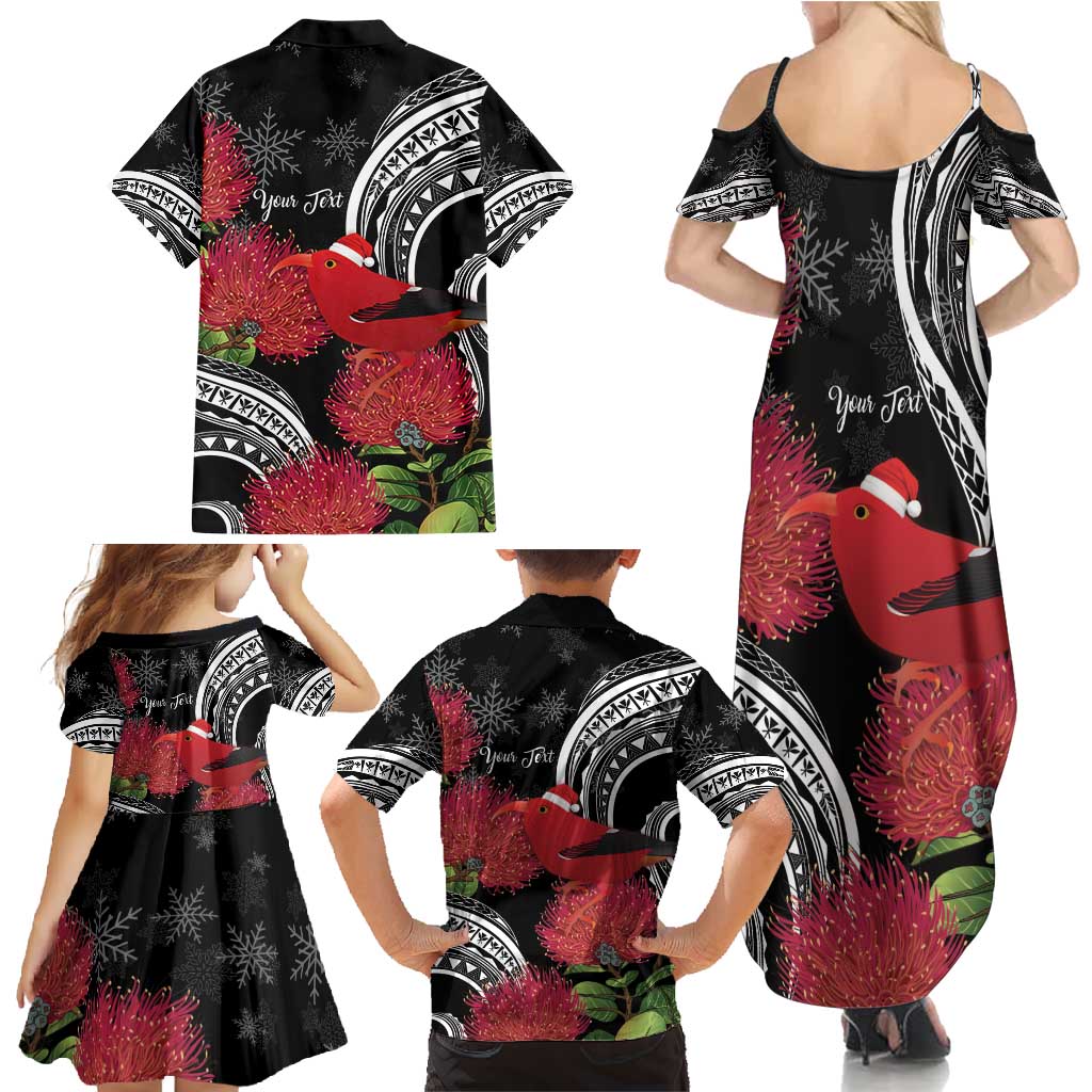 Personalized Mele Kalikimaka Hawaii Family Matching Summer Maxi Dress and Hawaiian Shirt I'iwi Bird With Ohia Lehua - Black Color